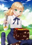  1girl :d ahoge artoria_pendragon_(all) blonde_hair blue_neckwear blue_skirt blue_sky bottle chopsticks clouds cloudy_sky collared_shirt commentary_request day fate/grand_order fate_(series) floral_print food grass green_eyes hair_ribbon half_updo high-waist_skirt holding long_hair long_sleeves looking_at_viewer naomi_(fantasia) neck_ribbon obentou open_mouth outdoors ribbon saber shirt sitting skirt sky smile solo star_(sky) starry_sky white_shirt 