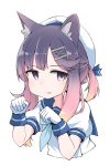  1girl aki_inu animal_ear_fluff animal_ears bangs beret blue_neckwear blue_sailor_collar cat_ears cropped_torso eyebrows_visible_through_hair gloves gradient_hair hair_ornament hairclip hands_up hat kantai_collection kemonomimi_mode light_brown_hair long_hair looking_at_viewer multicolored_hair neckerchief parted_lips paw_pose ponytail puffy_short_sleeves puffy_sleeves purple_hair sailor_collar school_uniform serafuku shirt short_sleeves sidelocks simple_background smile solo tsushima_(kantai_collection) upper_body violet_eyes white_background white_gloves white_headwear white_shirt 