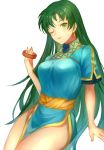  1girl breasts cape cute earrings fingerless_gloves fire_emblem fire_emblem:_rekka_no_ken gloves green_eyes green_hair hair_down intelligent_systems jewelry jurge long_hair lyndis_(fire_emblem) nintendo one_eye_closed pelvic_curtain side_slit solo super_smash_bros. 