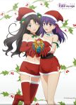  2girls bell black_hair blue_eyes box breasts christmas fate/stay_night fate_(series) gift gift_box gloves hair_ribbon hat heaven&#039;s_feel highres long_hair long_legs matou_sakura multiple_girls official_art purple_hair red_gloves red_ribbon ribbon santa_hat smile tohsaka_rin toosaka_rin type-moon ufotable violet_eyes 