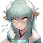  1girl bangs dated dragon_girl dragon_horns eyebrows_visible_through_hair fate/grand_order fate_(series) green_hair horns japanese_clothes kimono kiyohime_(fate/grand_order) long_hair ohisashiburi parted_lips simple_background solo teeth translated white_background yellow_eyes 