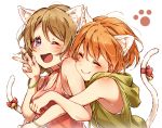  2girls ;d ^_^ animal_ears bell bow bracelet brown_hair cat_ears cat_tail choker closed_eyes commentary_request green_hoodie highres hood hood_down hoodie hoshizora_rin hotechige hug hug_from_behind jewelry jingle_bell kemonomimi_mode koizumi_hanayo looking_at_viewer love_live! love_live!_school_idol_project multiple_girls one_eye_closed open_mouth orange_hair paw_print pink_shirt red_bow red_choker shirt short_hair simple_background sleeveless sleeveless_hoodie smile tail tail_bell tail_bow upper_body violet_eyes w white_background yuri 