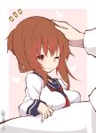  1boy 1girl :3 admiral_(kantai_collection) bangs blush breasts brown_eyes brown_hair closed_mouth eyebrows_visible_through_hair folded_ponytail heart highres inazuma_(kantai_collection) kantai_collection long_sleeves one_eye_closed petting ponytail red_neckwear sailor_collar sakakiba_misogi school_uniform serafuku simple_background smile 