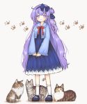  1girl :d animal azur_lane bangs blue_bow blue_dress blue_footwear blue_hairband blue_ribbon blue_shirt blush bow brown_background cat collarbone commentary_request dress full_body hair_between_eyes hair_bow hair_bun hair_ribbon hairband kneehighs long_hair long_sleeves mary_janes one_side_up open_mouth paw_background purple_hair red_bow ribbon sakurato_ototo_shizuku shadow shirt shoes side_bun sleeves_past_wrists smile solo standing unicorn_(azur_lane) very_long_hair violet_eyes white_legwear wide_sleeves 
