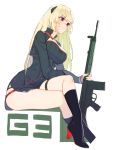  1girl bangs battle_rifle blonde_hair boots breasts character_name g3_(girls_frontline) girls_frontline gun h&amp;k_g3 high_heel_boots high_heels highres holding holding_gun holding_weapon juz knee_boots large_breasts long_hair long_sleeves parted_lips rifle sitting solo teeth thigh_strap violet_eyes weapon white_background 