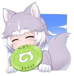  1girl :3 ^3^ ^_^ animal_ears closed_eyes closed_mouth dog_(mixed_breed)_(kemono_friends) dog_ears dog_tail eyebrows_visible_through_hair facing_viewer frisbee gloves grey_hair japari_symbol kemono_friends mouth_hold multicolored_hair nyifu short_hair smile solo tail translated white_gloves white_hair 