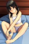  1girl absurdres bangs bare_arms bare_legs bare_shoulders barefoot black_hair blush brown_eyes camisole eyebrows_visible_through_hair fingernails full_body hair_between_eyes head_tilt highres indoors knees_up long_hair looking_at_viewer matsunaga_kouyou navel nose_blush original panties parted_lips purple_panties sitting soles solo toenails underwear underwear_only white_camisole wooden_wall 