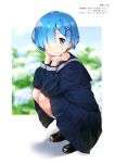  1girl absurdres ayamy bangs blue_eyes blue_hair blue_shirt blue_skirt blurry blurry_background blush chin_rest hair_ornament hair_over_one_eye highres knees_together loafers looking_at_viewer neckerchief pleated_skirt re:zero_kara_hajimeru_isekai_seikatsu rem_(re:zero) sailor_collar scan school_uniform serafuku shadow shirt shoes skirt smile solo squatting x_hair_ornament 