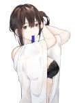  1girl adjusting_hair bangs black_bra blue_ribbon bra breasts brown_eyes brown_hair hair_between_eyes japanese_clothes kaga_(kantai_collection) kantai_collection mouth_hold nello_(luminous_darkness) open_clothes open_shirt ponytail ribbon side_ponytail simple_background solo underwear upper_body white_background wide_sleeves 
