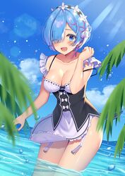  1girl ;d absurdres arm_at_side bangs bare_shoulders black_bow black_ribbon blue_eyes blue_hair blue_sky blush bow breasts collarbone commentary_request day eyebrows_visible_through_hair eyes_visible_through_hair frilled_sleeves frills garter_straps hair_ornament hair_over_one_eye hand_up highres izumo_neru leaf looking_at_viewer maid maid_headdress ocean one_eye_closed open_mouth outdoors palm_tree pink_ribbon plant purple_ribbon re:zero_kara_hajimeru_isekai_seikatsu rem_(re:zero) ribbon ribbon-trimmed_clothes ribbon_trim shiny shiny_skin sky smile standing tree underbust wading water water_drop x_hair_ornament 