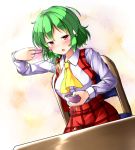 1girl aka_tawashi arm_up ascot bangs blush bowl breasts chair chopsticks commentary_request dutch_angle eyebrows_visible_through_hair green_hair highres holding holding_bowl holding_chopsticks kazami_yuuka large_breasts looking_at_viewer open_mouth plaid plaid_skirt plaid_vest red_eyes red_skirt red_vest short_hair sitting skirt skirt_set solo sweatdrop touhou vest yellow_neckwear 