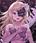  1girl ahoge akamatsu_kaede alternate_costume blonde_hair blue_eyes bow breasts collarbone commentary_request dangan_ronpa dot_nose dress elbow_gloves eyebrows_visible_through_hair face_mask flower gloves hair_flower hair_ornament highres instrument keyboard_(instrument) large_bow large_breasts long_hair looking_at_viewer mask nabekokoa new_dangan_ronpa_v3 pink_dress pink_gloves purple_bow sleeveless sleeveless_dress solo strapless strapless_dress tearing_up tears torn_clothes upper_body upper_teeth violet_eyes 