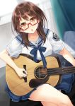  1girl :o acoustic_guitar bangs blue_neckwear blue_skirt brown_eyes brown_hair collarbone commentary_request crossed_legs curtains emblem glasses guitar highres instrument long_hair looking_at_viewer music neck_ribbon nekozuki_yuki original playing_instrument red-framed_eyewear ribbon school_uniform serafuku shirt short_sleeves signature sitting skirt solo white_shirt window 