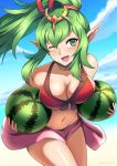  1girl bikini breasts chiki circlet dragon_girl fire_emblem fire_emblem:_kakusei fire_emblem:_mystery_of_the_emblem fire_emblem_heroes food fruit green_eyes green_hair hair_ornament intelligent_systems long_hair looking_at_viewer mamkute nintendo older one_eye_closed phiphi-au-thon pointy_ears ponytail solo summer super_smash_bros. swimsuit tiara watermelon 