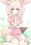  1girl absurdres blonde_hair closed_mouth commentary_request fennec_(kemono_friends) highres kemono_friends large_tail matsunaga777 pink_eyes pink_shirt pleated_skirt puffy_short_sleeves puffy_sleeves shirt short_sleeves skirt slit_pupils solo tail yellow_skirt 