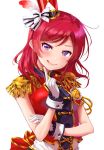  1girl :q back_bow band_uniform bow cross-laced_clothes epaulettes finger_to_chin gloves group_name hair_bow hat hat_feather highres index_finger_raised light_blush love_live! love_live!_school_idol_project medium_hair nishikino_maki red_feathers red_vest redhead shako_cap sleeveless solo striped striped_bow tongue tongue_out upper_body usamaru67pi vest violet_eyes white_background white_bow white_gloves wrist_cuffs 