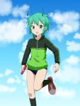  1girl alternate_costume antennae bangs black_legwear blue_sky blush buruma cato_(monocatienus) clouds commentary_request day feet_out_of_frame green_eyes green_hair green_jacket holding jacket kneehighs leg_up long_sleeves looking_at_viewer no_pants open_mouth outdoors red_footwear shoes short_hair sky sneakers solo standing standing_on_one_leg sweat thighs touhou v-shaped_eyebrows wriggle_nightbug 