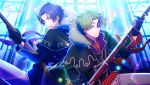  2boys alternate_costume antenna_hair bangs black_gloves bolt_action cape constricted_pupils enfield_(senjuushi) fur_collar fur_trim game_cg gloves glowing glowing_eyes green_eyes green_hair gun highres holding holding_gun holding_weapon lee-enfield looking_at_viewer male_focus mask multiple_boys non-web_source official_art parted_bangs purple_hair ribbon_bangs rifle screencap senjuushi:_the_thousand_noble_musketeers shirt short_hair smile snider_(senjuushi) striped striped_shirt violet_eyes weapon 
