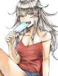  1girl alternate_costume breasts eating facial_scar food gangut_(kantai_collection) hair_between_eyes ice_cream kantai_collection kurou_(bcrow) large_breasts long_hair looking_at_viewer orange_eyes red_shirt scar scar_on_cheek shirt short_shorts shorts silver_hair sitting solo 