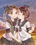  2girls :d ;( ayanami_(kantai_collection) black_ribbon brown_eyes brown_hair cheek-to-cheek denkitori eyebrows_visible_through_hair hair_ribbon highres kantai_collection long_hair looking_at_viewer multiple_girls open_mouth pleated_skirt ponytail remodel_(kantai_collection) ribbon sailor_collar school_uniform serafuku shikinami_(kantai_collection) short_hair short_sleeves side_ponytail skirt smile v very_long_hair 