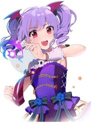  1girl bang_dream! black_bow blue_flower blue_rose blush bow breasts dress drill_hair eyebrows_visible_through_hair fang flower highres kongya looking_at_viewer nervous_smile open_mouth pink_eyes purple_dress purple_hair rose short_hair small_breasts smile solo star twin_drills udagawa_ako wrist_cuffs 