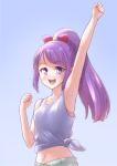  1girl arm_up bangs bare_arms bare_shoulders bow bra collarbone commentary_request eyebrows_visible_through_hair hair_bow highres kaguya_madoka long_hair ogry_ching open_mouth pink_bra precure purple_background purple_hair red_bow round_teeth shorts simple_background solo star_twinkle_precure sweat tank_top teeth underwear upper_teeth violet_eyes white_shorts white_tank_top 