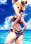  1girl abigail_williams_(fate/grand_order) adjusting_clothes adjusting_swimsuit ass back bangs bare_shoulders bikini black_bikini black_bow blonde_hair blue_eyes blue_sky blush bow breasts closed_mouth double_bun emerald_float fate/grand_order fate_(series) forehead frilled_bikini frills hair_bow highres kuro_yanagi long_hair looking_at_viewer ocean orange_bow parted_bangs sky small_breasts smile solo swimsuit thighs wading 