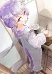  1girl alternate_hairstyle apron blurry blush cooking daidou_(demitasse) depth_of_field from_above hair_up highres holding holding_plate indoors japanese_clothes kappougi kimono looking_at_viewer looking_back looking_up open_mouth perspective plate pot purple_hair saucer short_hair slippers socks solo stove violet_eyes vocaloid voiceroid yuzuki_yukari 