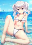  1girl bangs bare_legs barefoot beach bikini blue_sky blush breasts closed_mouth commentary_request day eyebrows_visible_through_hair front-tie_bikini front-tie_top grey_hair hair_between_eyes highres horizon kantai_collection kashima_(kantai_collection) knee_up large_breasts long_hair looking_at_viewer myuu_(arisumeria) navel outdoors side-tie_bikini sidelocks sky smile solo swimsuit thighs twintails under_boob violet_eyes water_drop wavy_hair white_bikini 