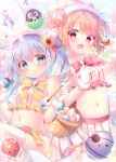  2girls :d absurdres animal_ears bangs basket blue_eyes blue_hair blush bow bowtie brooch chestnut_mouth crop_top detached_sleeves easter easter_egg egg floral_background flower frilled_shirt frills fur-trimmed_gloves fur_trim gloves gochuumon_wa_usagi_desu_ka? hair_flower hair_ornament hairband highres hoto_cocoa jewelry kafuu_chino midriff mitsumomo_mamu multiple_girls navel open_mouth orange_eyes orange_hair paintbrush pink_flower pink_neckwear rabbit_ears scan shirt skirt smile striped striped_skirt thigh-highs twintails vertical-striped_skirt vertical_stripes white_gloves white_legwear x_hair_ornament yellow_flower yellow_neckwear 