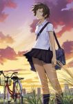  1girl bag bicycle bicycle_basket black_legwear brown_hair clouds crying duffel_bag gradient_sky grass ground_vehicle highres kneehighs konno_makoto looking_to_the_side open_mouth school_uniform shirt short_hair short_sleeves sky solo standing toki_wo_kakeru_shoujo twilight uniform white_shirt wind 