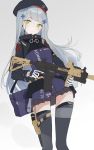  1girl assault_rifle bangs beret black_headwear black_legwear blunt_bangs breasts eyebrows_visible_through_hair facial_mark girls_frontline gloves green_eyes grey_skirt gun h&amp;k_hk416 hair_ornament hat highres hk416_(girls_frontline) holding holding_gun holding_weapon hor long_hair looking_to_the_side medium_breasts military_jacket pleated_skirt rifle silver_hair skirt solo teardrop thigh-highs weapon white_gloves 