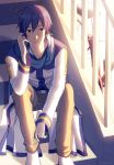  1boy belt bloom blue_eyes blue_hair blue_scarf brown_pants coat commentary feet_out_of_frame hand_on_ear handrail highres kaito long_coat looking_at_viewer male_focus nokuhashi pants scarf short_hair sitting smile solo stairs stairwell vocaloid white_coat 