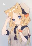  1girl abigail_williams_(fate/grand_order) absurdres ana_(rznuscrf) animal_ear_fluff animal_ears arm_up bangs beret black_bow black_neckwear blonde_hair blue_eyes blush bow brown_shirt cat_ears commentary_request eyebrows_visible_through_hair fate/grand_order fate_(series) fingernails forehead grey_background grey_headwear hand_up hat head_tilt highres kemonomimi_mode long_hair orange_bow parted_bangs parted_lips polka_dot polka_dot_bow puffy_short_sleeves puffy_sleeves shirt short_sleeves simple_background solo tilted_headwear translated upper_body very_long_hair 