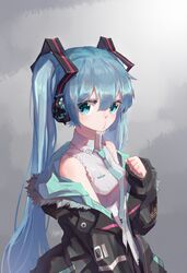  1girl aqua_eyes aqua_hair aqua_neckwear bare_shoulders black_jacket commentary fur-trimmed_jacket fur_trim hair_ornament hand_up hatsune_miku headphones jacket long_hair looking_at_viewer necktie nejikyuu o3o off_shoulder pursed_lips shirt skirt sleeveless sleeveless_shirt solo twintails upper_body very_long_hair vocaloid 