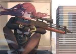  1girl aiming arms_on_knees bangs bipod bird black_footwear black_legwear black_skirt blazer braid breasts building bullpup cityscape day dust floating_hair french_braid girls_frontline gloves gun hair_ribbon half_updo highres holding holding_gun holding_weapon ina_(inadiary) jacket large_breasts long_hair necktie one_side_up outdoors panties panties_under_pantyhose pantyhose pelvic_curtain purple_hair red_eyes red_neckwear red_ribbon ribbon rifle rooftop serious shirt shoes sitting skirt sniper_rifle solo tsurime underwear very_long_hair wa2000_(girls_frontline) walther walther_wa_2000 weapon wind 
