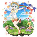  1girl :d animal_ears blue_eyes blue_hair blue_sky cat_ears cat_tail clouds day dress_shirt flower full_body hair_ribbon hat hat_flower highres holding holding_wand leg_up looking_at_viewer official_art open_mouth orange_flower orange_ribbon orange_shorts outdoors outstretched_arms plaid plaid_shorts ribbon shirt short_hair_with_long_locks short_shorts short_sleeves shorts sidelocks sinon_(sao-alo) sky smile solo standing standing_on_one_leg sun_hat sword_art_online tail tail_ribbon transparent_background wand white_ribbon white_shirt yellow_headwear yellow_neckwear 