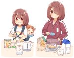  2girls age_progression baby baby_bottle bottle brown_hair cooking hair_over_one_eye highres hoshino_hinata hoshino_miyako_(wataten) jacket manse multiple_girls orange_hair siblings sisters track_jacket track_suit watashi_ni_tenshi_ga_maiorita! white_background younger 