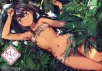  1girl absurdres arm_up artist_name bangs bare_shoulders black_hair breasts brown_eyes dark_skin eyebrows_visible_through_hair fingernails hair_ornament highres huge_filesize konbu_wakame leaf looking_at_viewer lying midriff navel on_back original parted_lips partially_submerged pelvic_curtain reflection scan shiny shiny_hair shiny_skin short_hair small_breasts solo stomach strapless tubetop water x_hair_ornament 