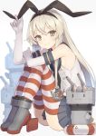  1girl 3others anchor_hair_ornament black_hairband black_neckwear black_panties blonde_hair blue_sailor_collar blue_skirt crop_top elbow_gloves full_body gi_(melmail) gloves grey_eyes hair_ornament hairband highleg highleg_panties highres kantai_collection long_hair looking_at_viewer microskirt miniskirt multiple_others neckerchief panties rensouhou-chan sailor_collar shimakaze_(kantai_collection) simple_background skirt smile striped striped_legwear thigh-highs underwear white_background white_gloves 