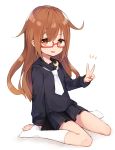  1girl bangs black_serafuku blush brown_eyes brown_hair crescent crescent_moon_pin eyebrows_visible_through_hair full_body glasses kantai_collection long_hair long_sleeves looking_at_viewer mitamgr mochizuki_(kantai_collection) open_mouth red-framed_eyewear sailor_collar school_uniform serafuku simple_background sitting skirt socks solo v white_background white_legwear white_neckwear 