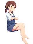  1girl barefoot brown_eyes brown_hair commentary_request crossed_arms crossed_legs denim_dress dress highres legs long_hair low_twintails original shirt short_dress simple_background sitting smile solo toes twintails white_background white_shirt 