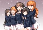  5girls :d :o ^_^ ahoge akiyama_yukari bangs black_hair black_legwear blue_eyes blunt_bangs brown_eyes brown_hair closed_eyes commentary_request eyebrows_visible_through_hair girls_und_panzer gradient gradient_background hair_between_eyes hairband hands_on_own_chest hands_together hug hug_from_behind isuzu_hana jacket looking_at_viewer miyabi_(miyabeeya) multiple_girls nishizumi_miho open_mouth pleated_skirt reizei_mako short_hair skirt smile takebe_saori thigh-highs white_skirt 