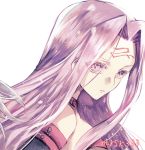  1girl breasts collar facial_mark fate/stay_night fate_(series) floating_hair hair_intakes highres long_hair looking_at_viewer medium_breasts medusa_(fate)_(all) parted_lips pink_hair portrait rider shiny shiny_hair sideboob simple_background solo very_long_hair violet_eyes white_background yokaranu_yuuna 