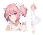  1girl :d arms_behind_back bare_arms bare_shoulders barefoot commentary dress flat_chest frills full_body hair_ribbon happy head_tilt highres kaname_madoka looking_at_viewer mahou_shoujo_madoka_magica open_mouth pink_eyes pink_hair ribbon short_hair short_twintails simple_background skirt skirt_lift sleeveless sleeveless_dress smile solo standing symbol_commentary twintails upper_body velahka white_background white_dress white_ribbon wind wind_lift 
