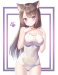  1girl animal_ear_fluff animal_ears ass_visible_through_thighs bangs bare_arms bare_shoulders blush breasts brown_hair cat_ears cat_girl collarbone commentary_request covered_navel cowboy_shot frown hands_up highres hinaki_(hinaki_0102) large_breasts long_hair looking_at_viewer one-piece_swimsuit original school_swimsuit solo standing swimsuit thighs violet_eyes white_swimsuit 