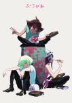  3boys black_footwear black_pants blue_hair brown_hair chopsticks copyright_name drum_(container) earrings eating green_hair gueira hair_over_one_eye hardhat hat helmet highres indian_style jewelry lio_fotia long_hair male_focus meis_(promare) mouse multiple_boys obentou pants promare shirt sidelocks sitting sleeping t-shirt tank_top vinny_(promare) white_shirt 