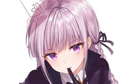  1girl black_gloves black_ribbon braid close-up collared_shirt dangan_ronpa eyebrows_visible_through_hair finger_in_mouth gloves hair_ribbon highres kirigiri_kyouko long_hair looking_at_viewer parted_lips purple_hair ribbon shirt solo teeth tokkyu_(user_mwwe3558) upper_body violet_eyes white_shirt 