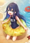  1girl akatsuki_(kantai_collection) anchor bangs beach blue_eyes blue_hair blush enemy_lifebuoy_(kantai_collection) eyebrows_visible_through_hair flower innertube kantai_collection long_hair looking_at_viewer mitamgr name_tag navel one-piece_swimsuit open_mouth sand school_swimsuit seiza shinkaisei-kan sitting solo_focus starfish swimsuit water 