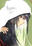  1girl 2017 akemi_homura black_hair black_ribbon black_shirt cape commentary dated english_commentary expressionless eyebrows_visible_through_hair grey_background hand_up highres hood hood_up hooded_cape long_hair looking_down mahou_shoujo_madoka_magica multicolored_hair parted_lips profile red_ribbon ribbon shirt simple_background solo straight_hair text_focus twitter_username two-tone_hair upper_body velahka violet_eyes white_cape white_hair 